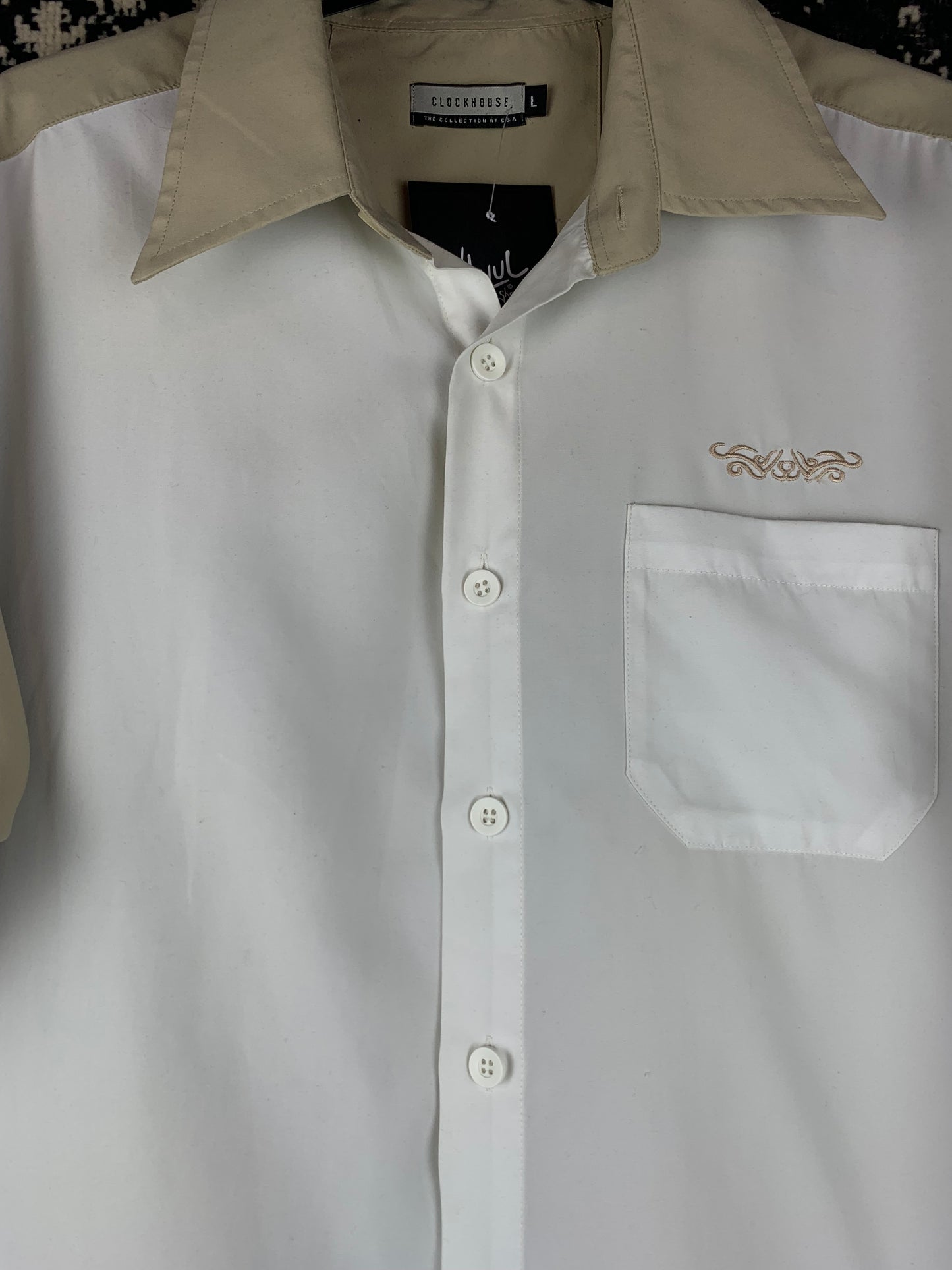 Y2K Men's White and Beige Embroidered Tribal Button-Up Shirt