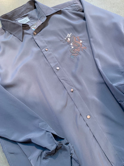 Y2K Men's Embroidered Dragon Grey Longsleeve Button-Up Shirt