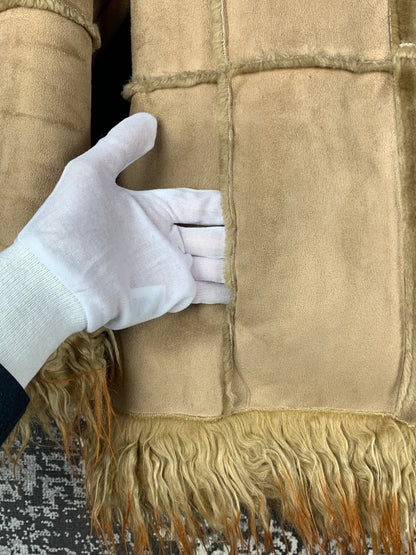 Womens Y2K Beige Suede Coat With Long Faux Fur Trim