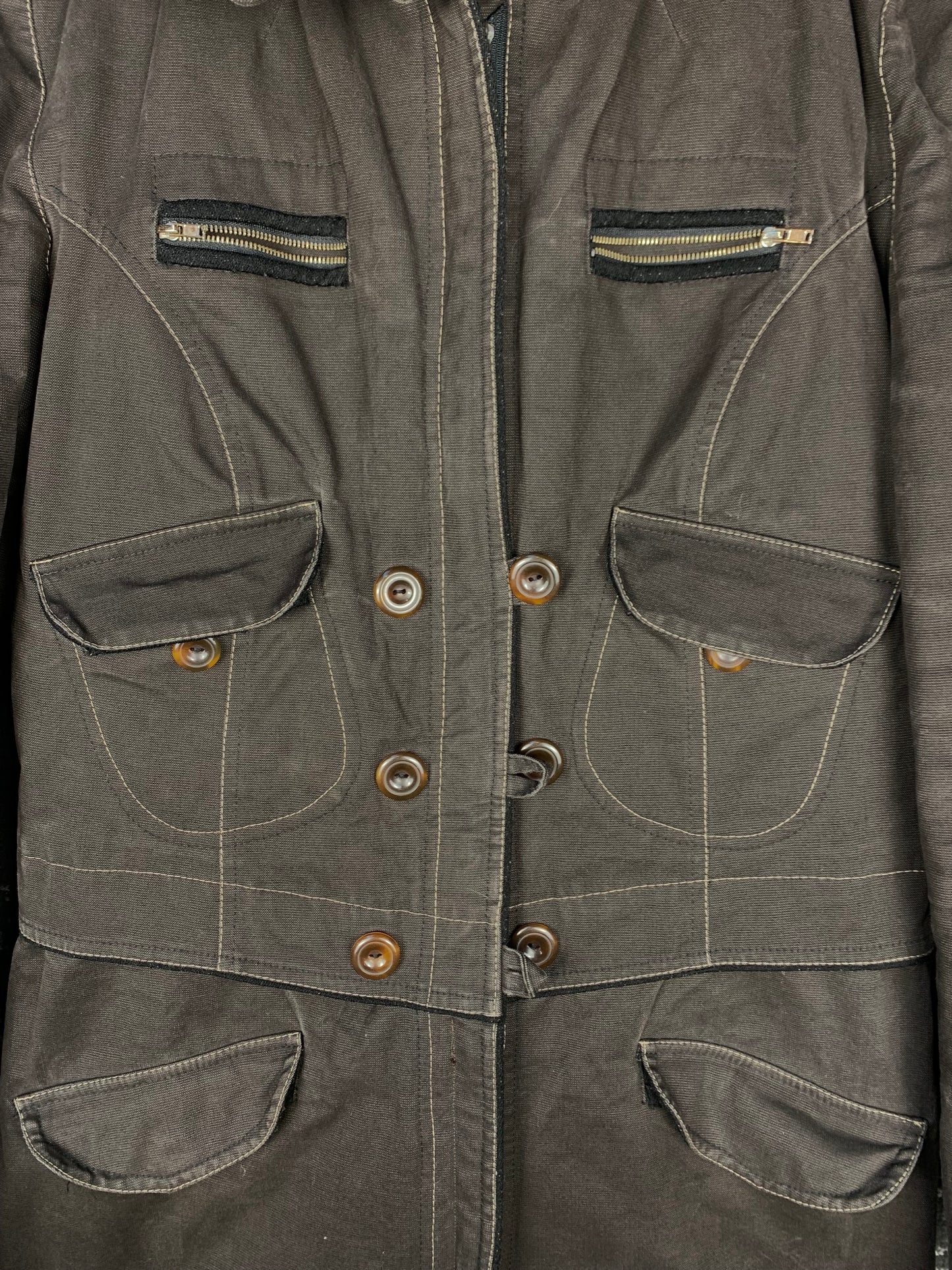 Y2K Style Brown Long Utility Coat for Women with Faux Fur Hood