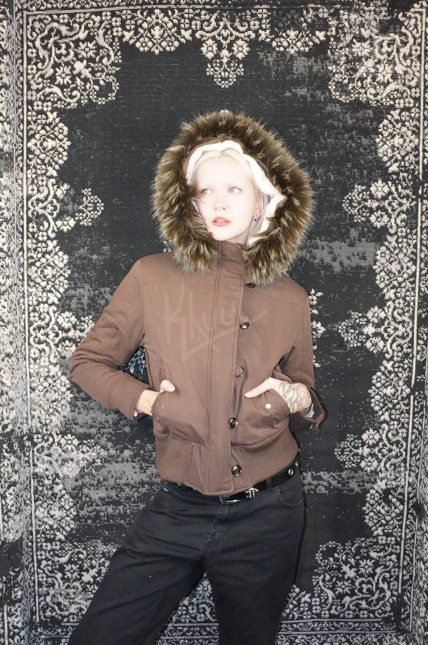 y2k mocha brown cropped jacket with fur trim