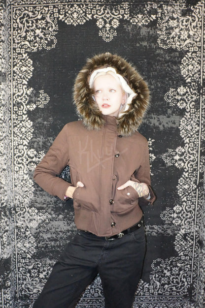 y2k mocha brown cropped jacket with fur trim