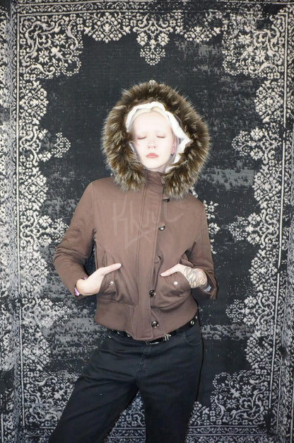 y2k mocha brown cropped jacket with fur trim