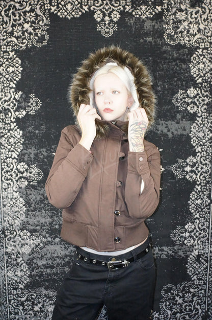 y2k mocha brown cropped jacket with fur trim