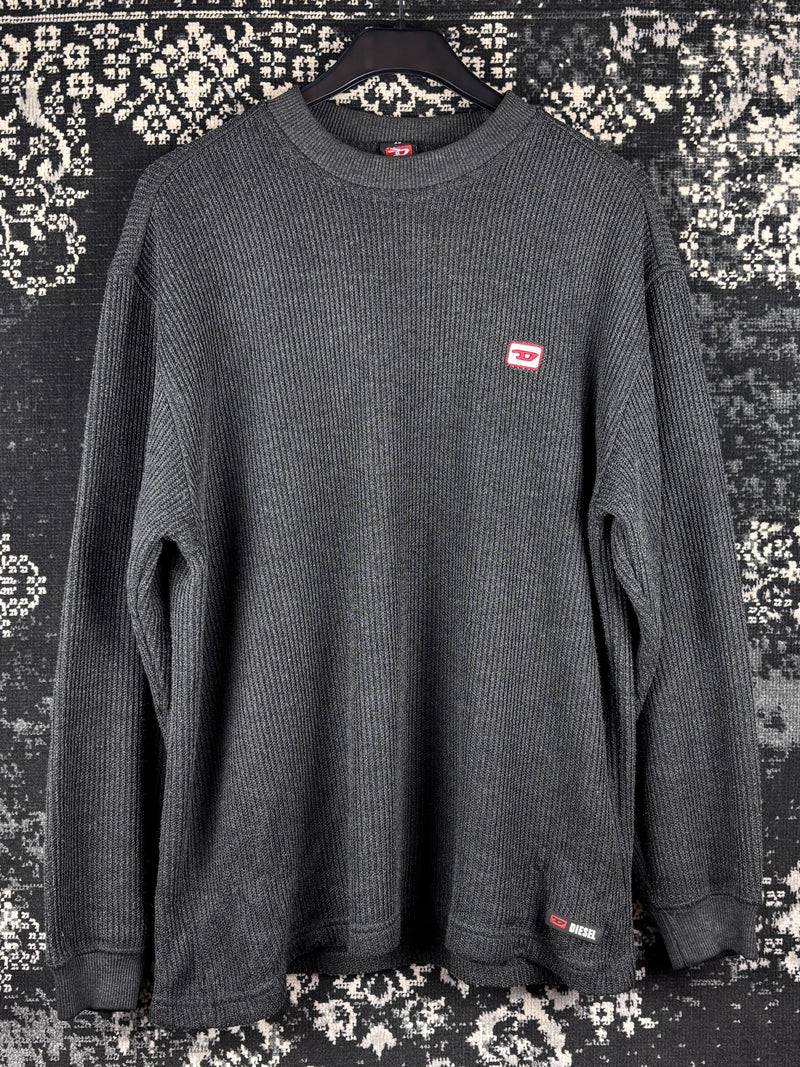 Mens Y2K Diesel Dark Grey Ribbed Knit Sweater
