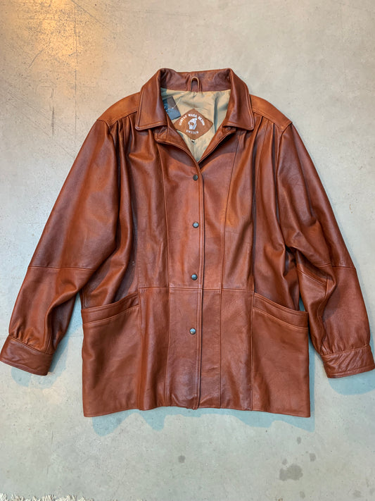 Unisex Vintage Brown Leather Coat with Snap Button Front