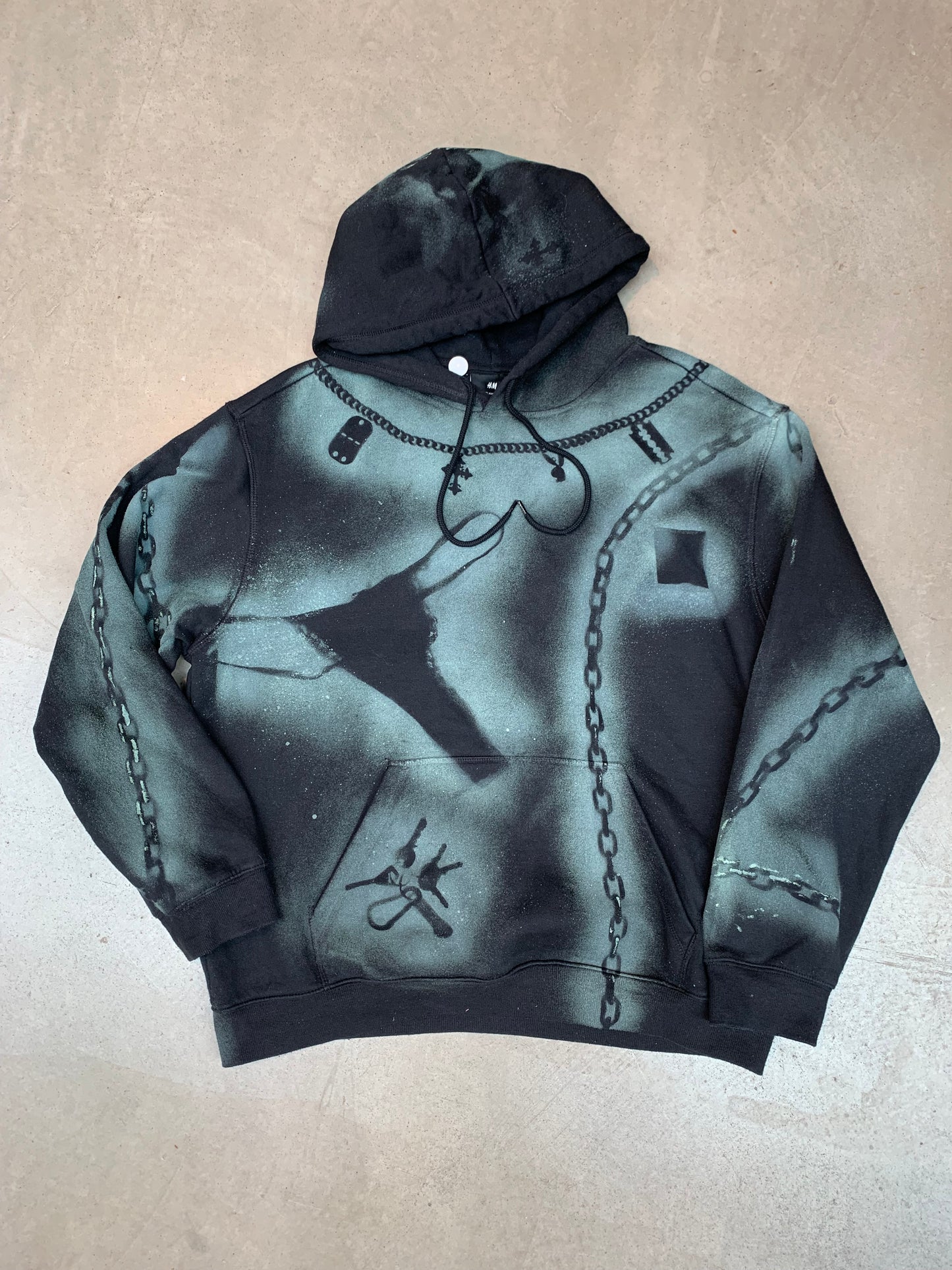 Hand Painted Women Large Black Green Hoodie