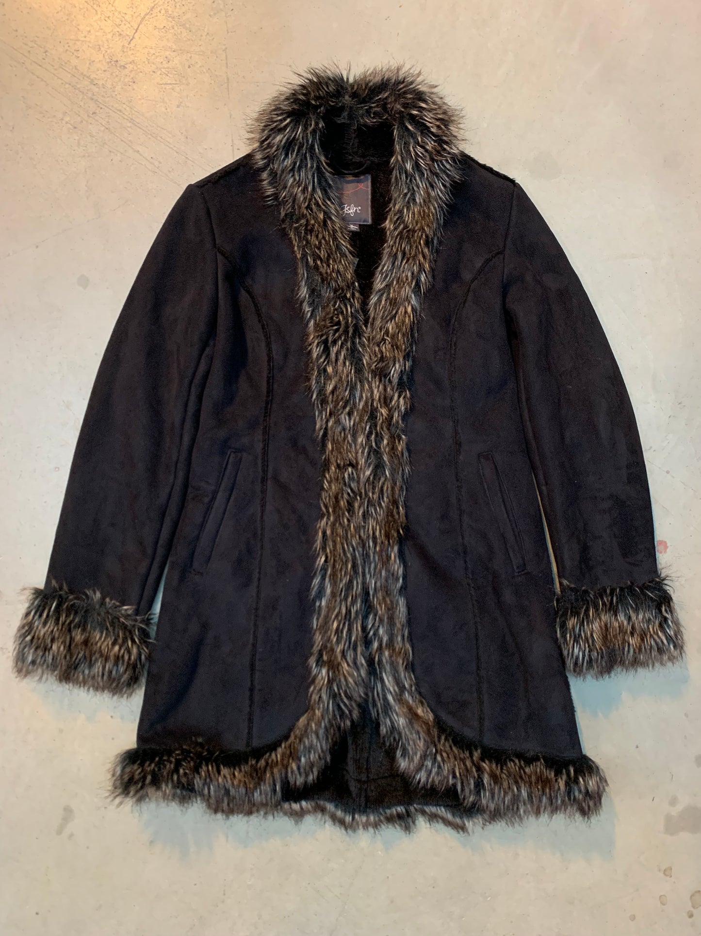 Vintage Women's Black Faux Suede Fur Trim Coat