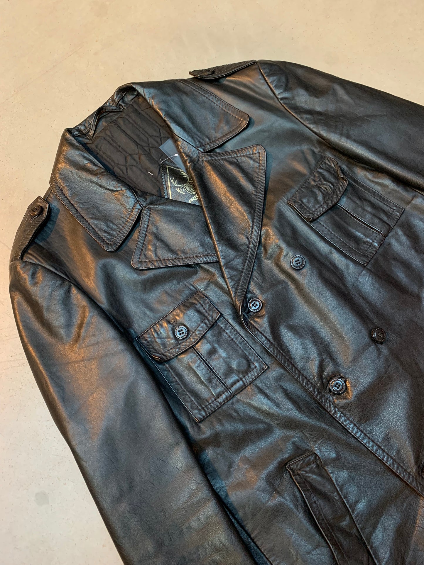 Men's Vintage Black Leather Coat with Double Breasted Front