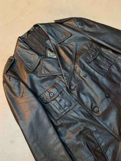 Men's Vintage Black Leather Coat with Double Breasted Front