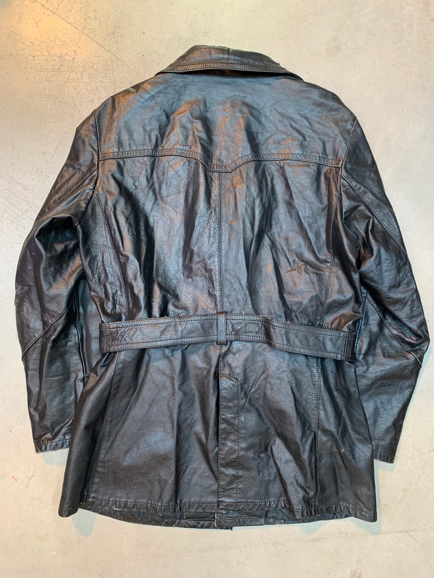 Women’s Vintage Black Leather Trench Coat with Belt